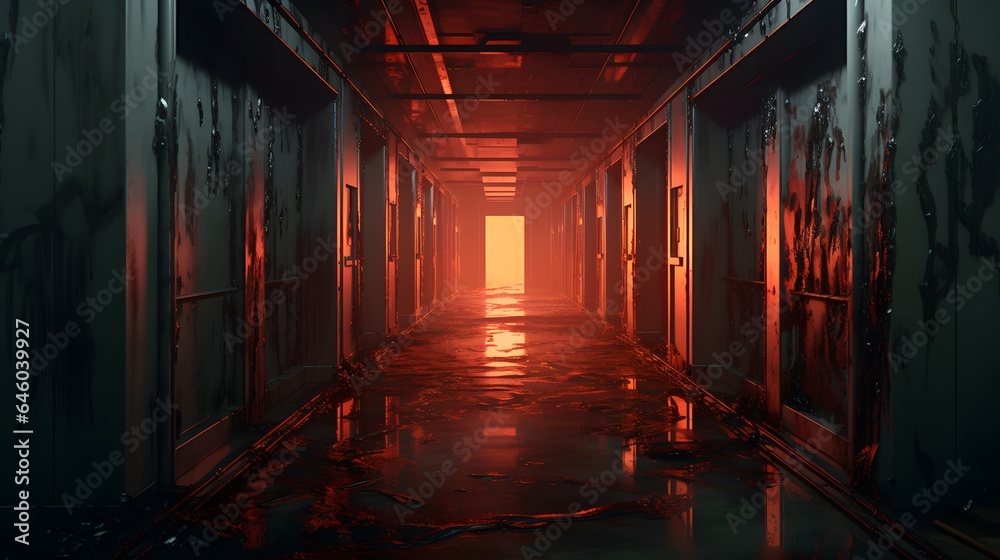 Vue en perspective d'un couloir désaffecté vide, généré par IA Vue en perspective d'un couloir désaffecté vide, généré par IA
