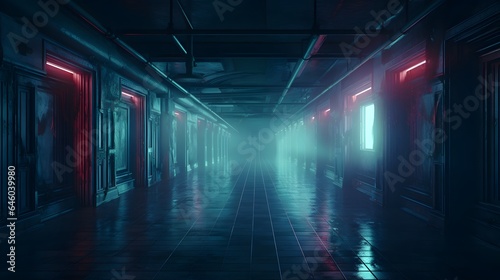 Vue en perspective d'un couloir  industriel sombre et vide, généré par IA photo