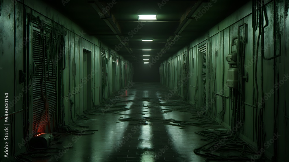 Vue en perspective d'un couloir industriel désaffecté vide, généré par IA Vue en perspective d'un couloir industriel désaffecté vide, généré par IA