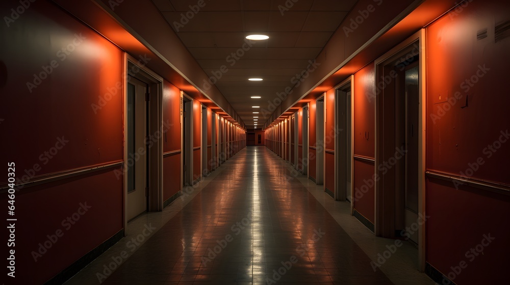 Vue en perspective d'un couloir d'hopital vide, généré par IA