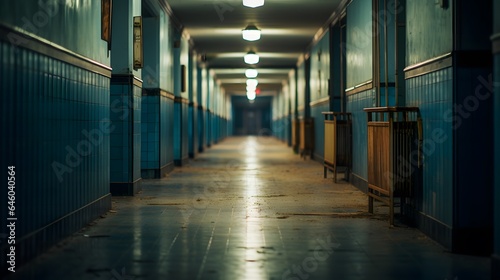 Vue en perspective d'un vieux couloir d'école vide, généré par IA