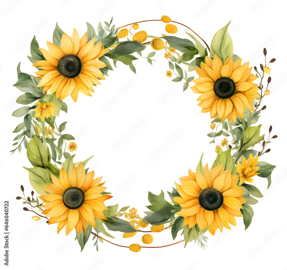Sunflower Flower wreath watercolor illustration isolated on white background Sunflower Flower wreath watercolor illustration isolated on white background