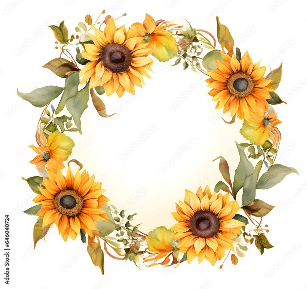 Sunflower Flower wreath watercolor illustration isolated on white background Sunflower Flower wreath watercolor illustration isolated on white background