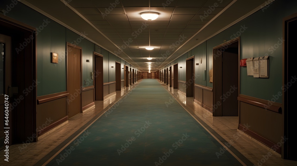 Vue en perspective d'un couloir d'hopital vide, généré par IA Vue en perspective d'un couloir d'hopital vide, généré par IA