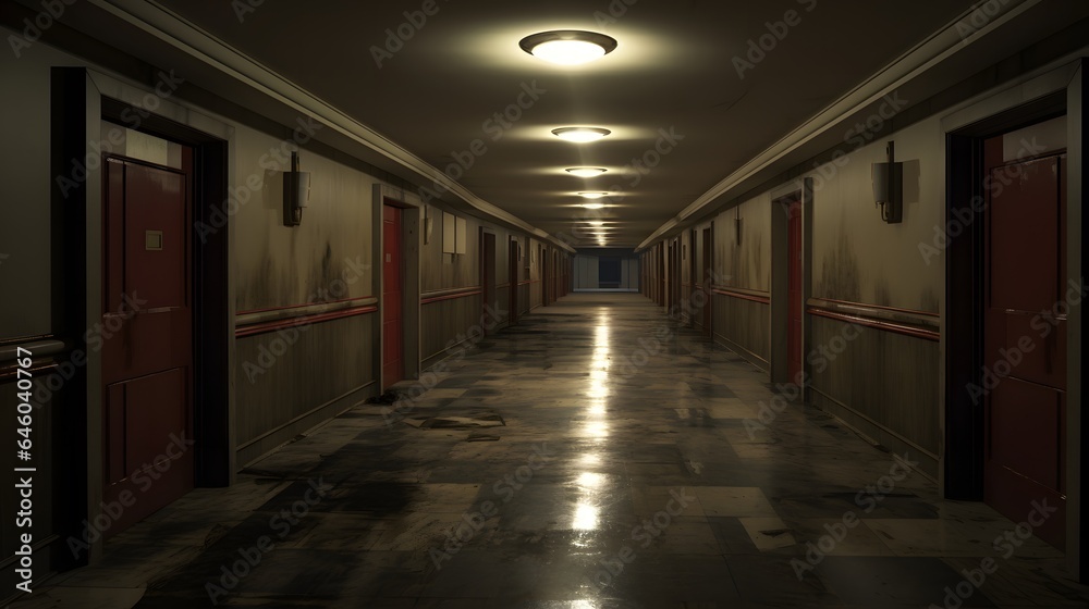 Vue en perspective d'un couloir sombre et vide, généré par IA