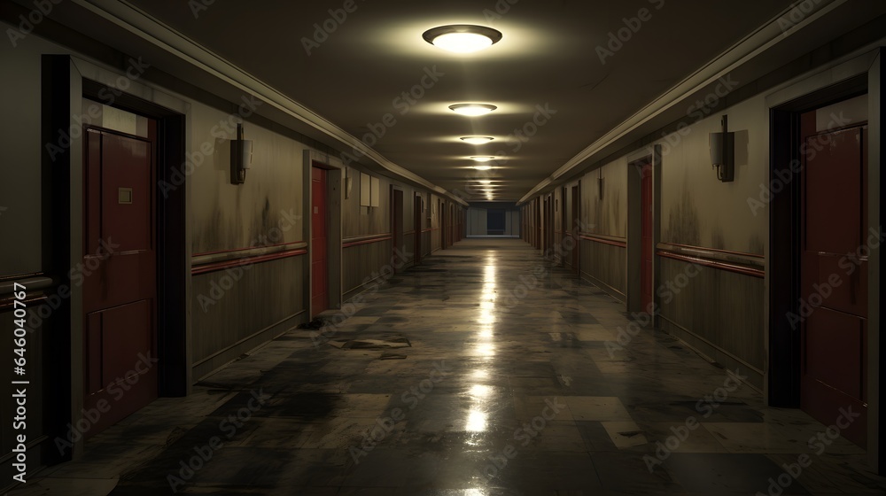 Vue en perspective d'un couloir sombre et vide, généré par IA Vue en perspective d'un couloir sombre et vide, généré par IA