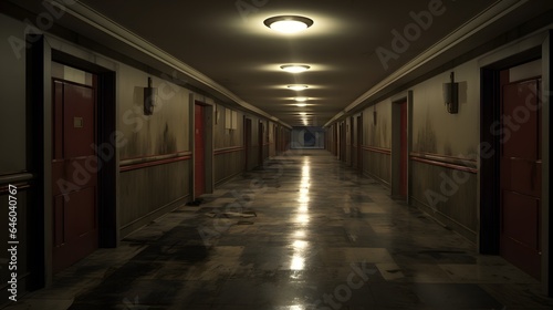 Vue en perspective d'un couloir sombre et vide, généré par IA