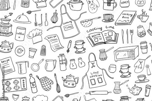 Сute seamless pattern of kitchen tools, kitchenware, kitchen equipments in doodle style. Love cooking. Vector illustration for restaurant menu, recipe book, and wallpaper. Isolated on white