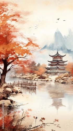 Impression Chinese painting style landscape. Asian traditional culture illustration drawing Photo AI generated ratio 9:16 © JetHuynh