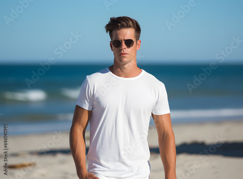 Handsome Young man wearing sunglasses and a white t shirt on the beach © Oksana