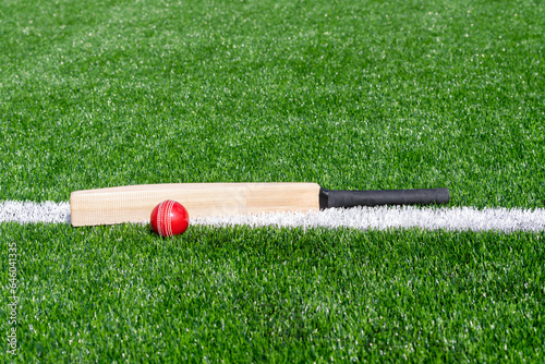Photography Cricket bat and red ball with natural lighting on green grass