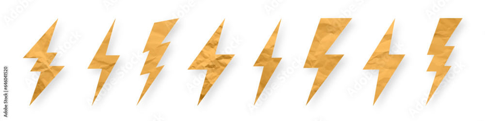 Lightning bolt, crumpled paper texture, cardboard. Flash symbol, thunderbolt. Simple lightning strike sign. Vector illustration Lightning bolt, crumpled paper texture, cardboard. Flash symbol, thunderbolt. Simple lightning strike sign. Vector illustration