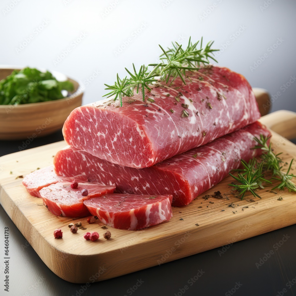 Beef jerky meat slices on a cutting board with sprigs of greens