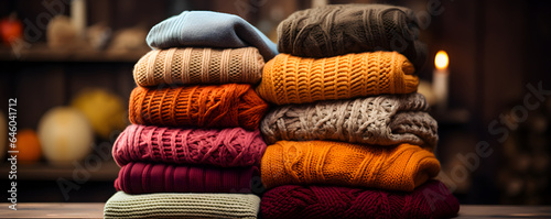 tack of knitted textured clothing on table.Colorful winter clothes,warm apparel.Heap of knitwear. high sweater, cap hand knitted mountain waiting to be washed wool socks folded cotton