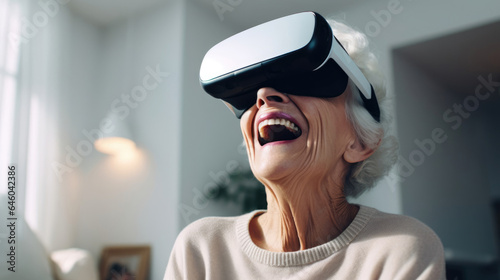 An elderly woman engaging in virtual reality gaming, embracing technology with enthusiasm