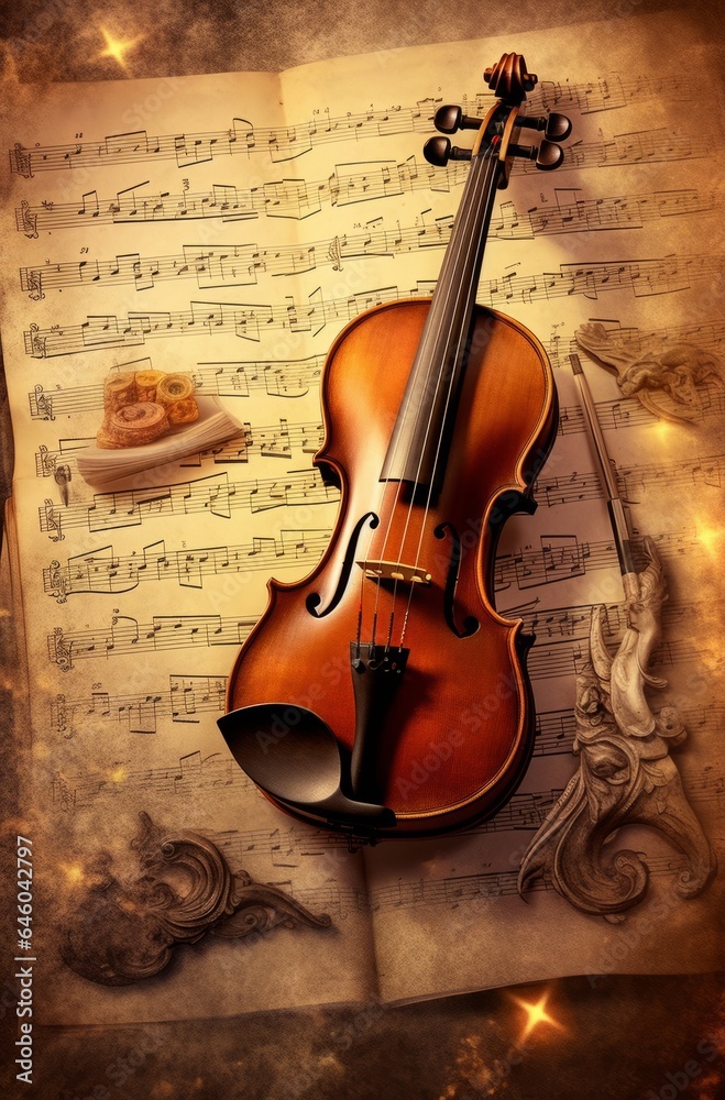 Naklejka premium The violin lies on the notes. 