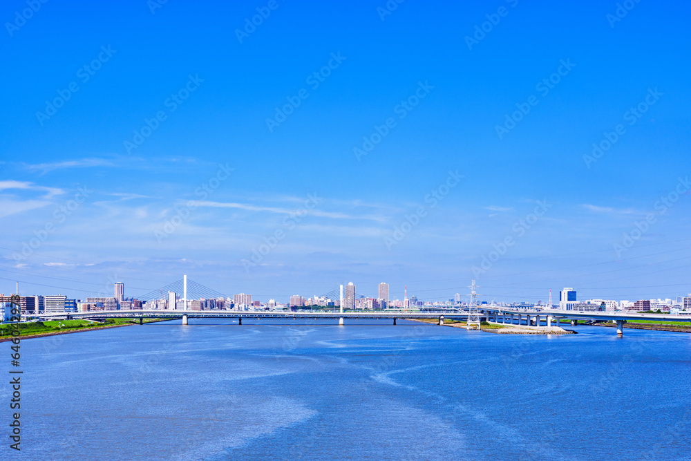 荒川河口橋 から見た 荒川 の 河口 と 清砂大橋 【 東京都 の 河川 の 風景 】