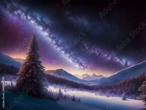 Starry christmas night, cosmic sky winter landscape, magic forest. New year greeting card, postcard, background with copyspace.
