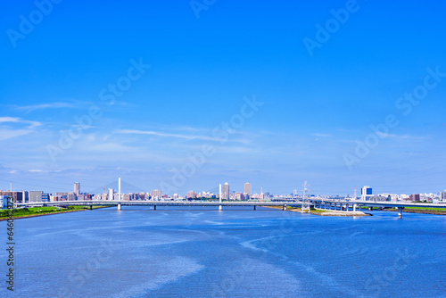 荒川河口橋 から見た 荒川 の 河口 と 清砂大橋 【 東京都 の 河川 の 風景 】 © show999