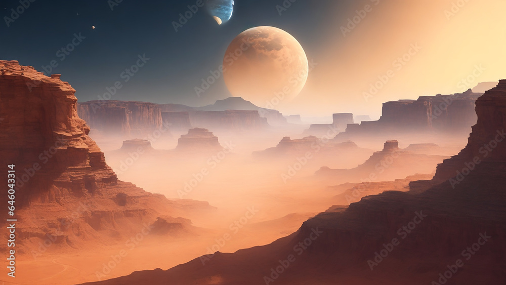 The shot is very wide. A landscape of arid canyons, the wind blowing, dust clouds rising - AI Generative