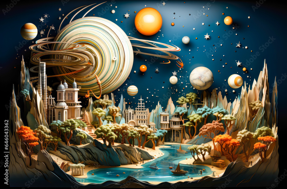 a small city made out of paper, coming out of a book, planets, fantasy