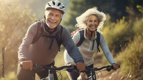 An older couple joyfully riding bicycles, embracing the spirit of exploration
