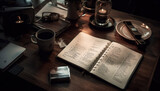 Old fashioned Bible on wooden desk with coffee cup and pen generated by AI
