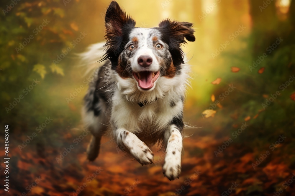 A happy Australian Shepherd runs towards a meeting in the backlight with autumn leaves. Generative AI