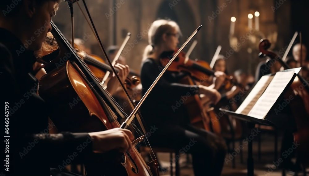 Fototapeta premium Young adults playing classical music on string instruments at concert generated by AI
