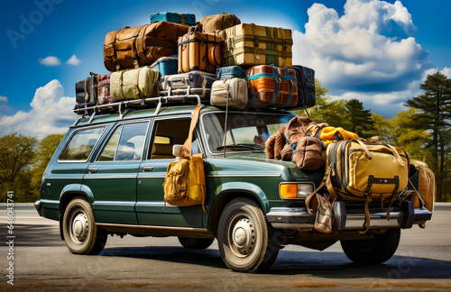 a passenger car full of suitcases everywhere, lack of space, vacations, lots of luggage photo