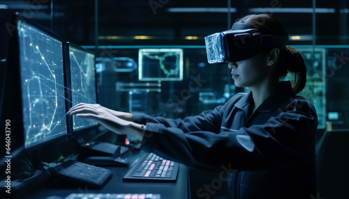 Young adult sitting at desk, using computer equipment for research generated by AI