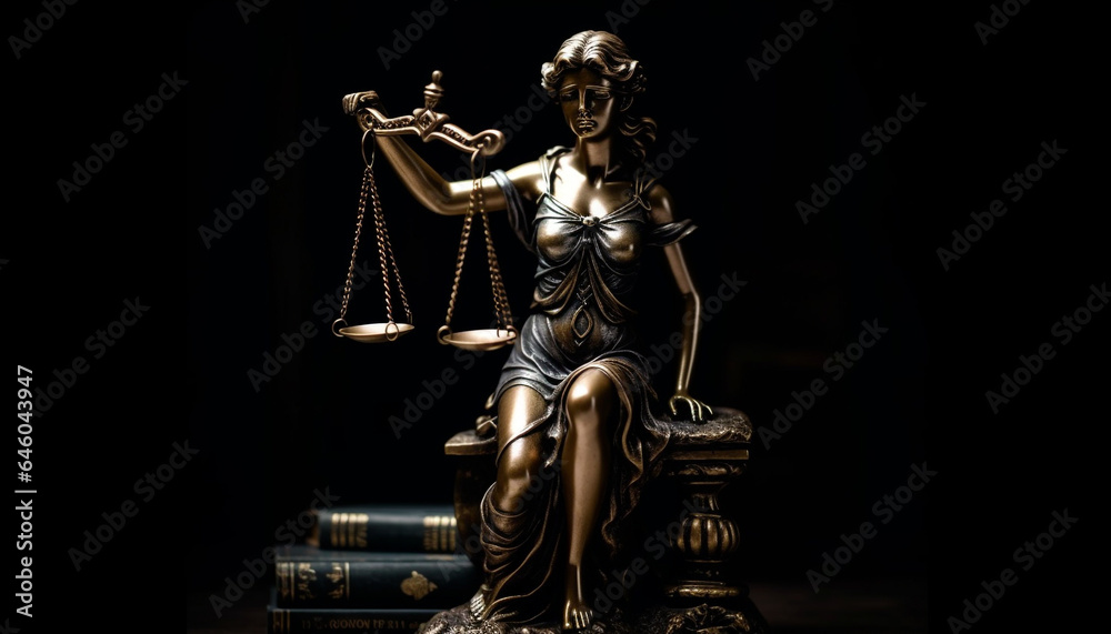 Justice statue holds sword and scales, symbolizing legal system authority generated by AI