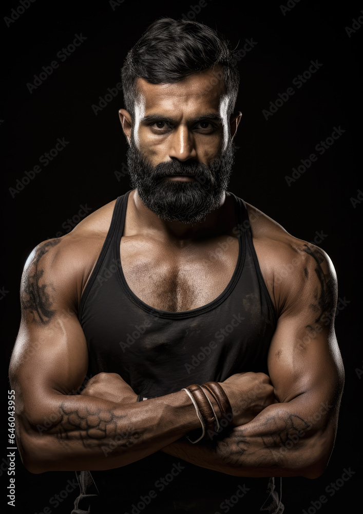Indian man, MMA fighter, studio portrait on black background. Generative AI Indian man, MMA fighter, studio portrait on black background. Generative AI