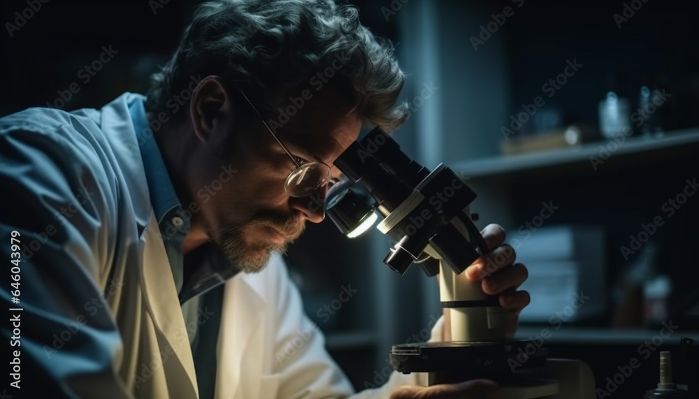 Caucasian scientist analyzing scientific experiment with microscope indoors in laboratory generated by AI Caucasian scientist analyzing scientific experiment with microscope indoors in laboratory generated by AI