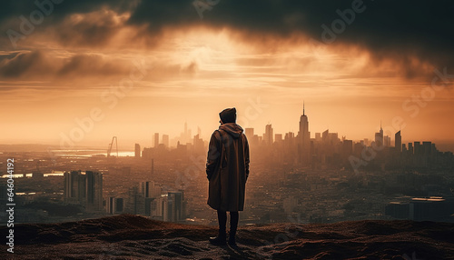 Standing businessman looking at cityscape skyline at sunset with confidence generated by AI