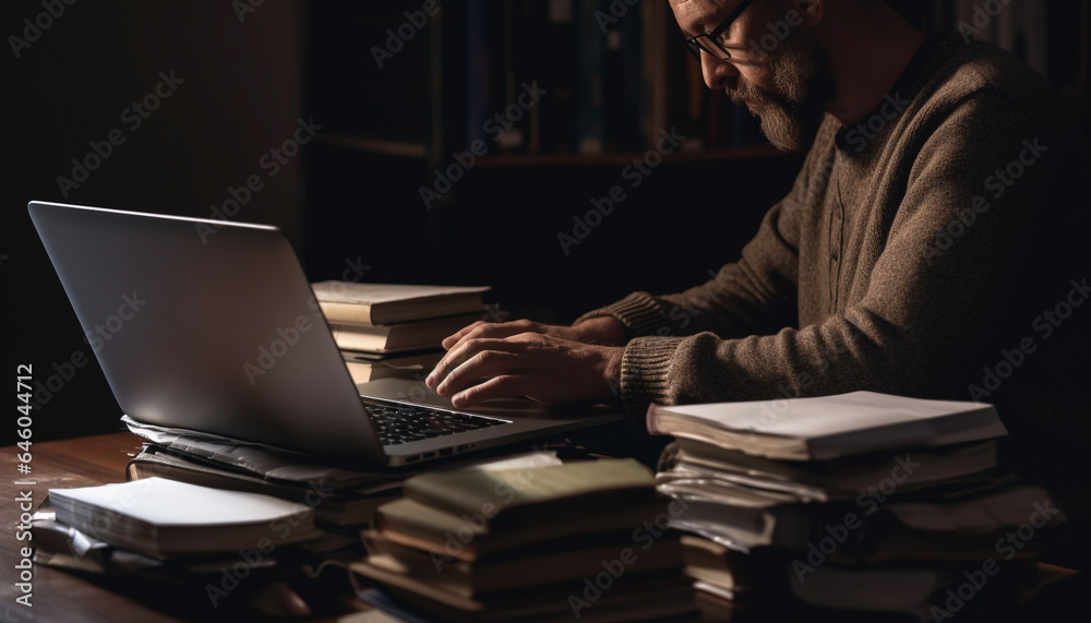 One man studying literature indoors with laptop and book generated by AI - obrazy, fototapety, plakaty 