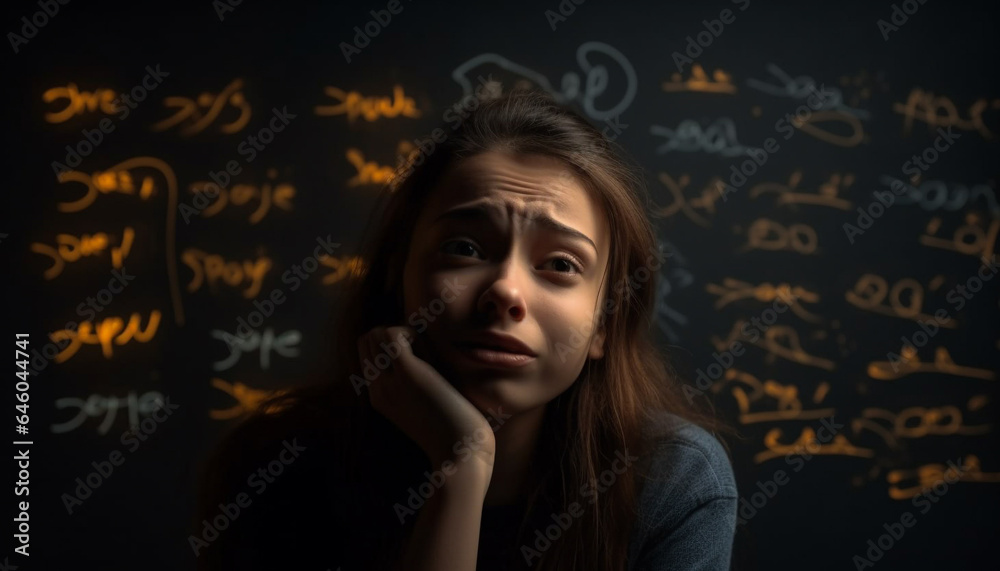 Serious schoolgirl contemplates mathematical formula in confusing classroom setting generated by AI Serious schoolgirl contemplates mathematical formula in confusing classroom setting generated by AI