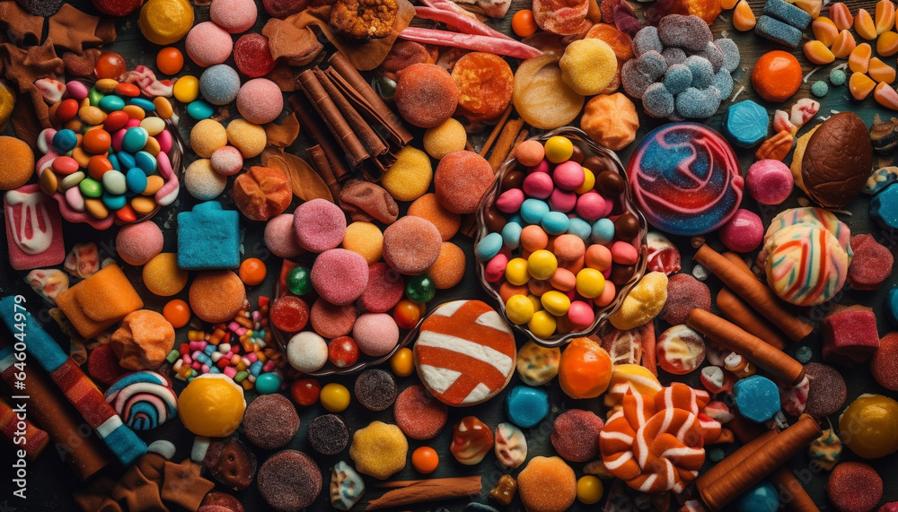 Fototapeta premium A vibrant, multi colored heap of homemade sweets and cookies generated by AI