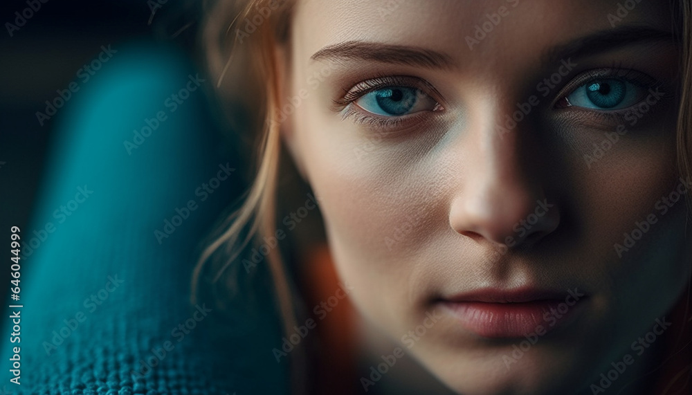 One beautiful woman, young and confident, looking at camera indoors generated by AI One beautiful woman, young and confident, looking at camera indoors generated by AI
