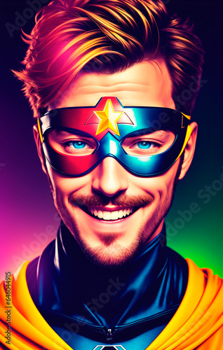 Portrait of a handsome young man in superhero costume and wearing a mask
