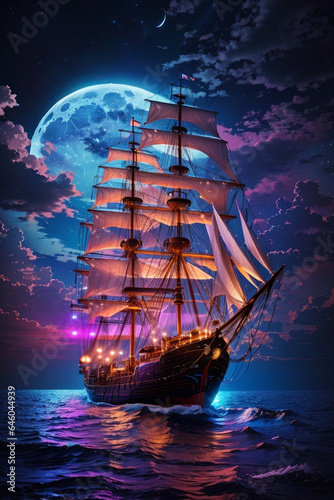 Neon art, in the dark of night, a tall ship sails across moonlit seas, clouds, moon, stars, colorful