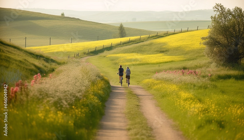 Fototapeta Naklejka Na Ścianę i Meble -  Couple hiking on footpath through tranquil meadow in summer generated by AI