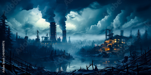 an industrial plant with smoke pouring out, in the background a city engulfed in smoke, and a river full of waste and dirt.