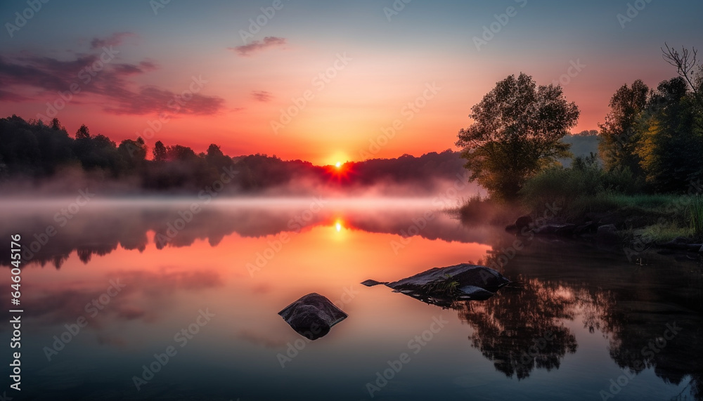 Tranquil sunrise over water, horizon silhouettes nautical vessel in background generated by AI