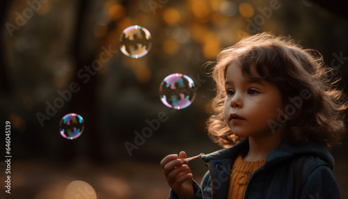 Cute girl playing with bubble wand, blowing happiness and joy generated by AI