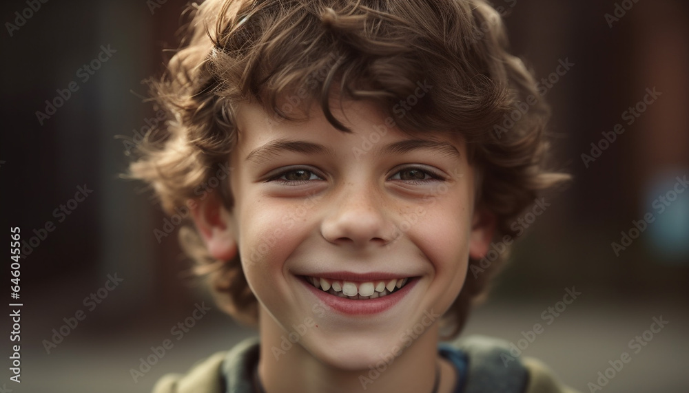 Cute schoolboy with curly brown hair smiling for portrait indoors generated by AI Cute schoolboy with curly brown hair smiling for portrait indoors generated by AI