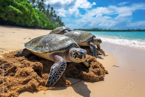 Turtles on sand near surf line © Ева Поликарпова