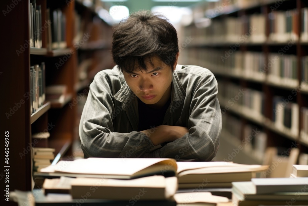 In quiet corridors of university library, Asian young man earnestly preparing for finals. weight of expectations and impending exams becomes too much, provoking ae episode of panic disorder. In quiet corridors of university library, Asian young man earnestly preparing for finals. weight of expectations and impending exams becomes too much, provoking ae episode of panic disorder.
