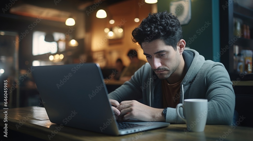 adult man with Hispanic lineage, amidst bustling coffee shop. He gazes blankly at laptop screen, struggling with psychological phenomenon known thought suppression strategy used to eliminate adult man with Hispanic lineage, amidst bustling coffee shop. He gazes blankly at laptop screen, struggling with psychological phenomenon known thought suppression strategy used to eliminate