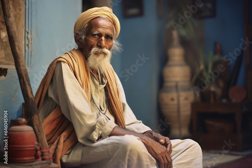 elderly gentleman of Indian heritage, dressed in traditional attire, seated in comfortable home. Hes engrossed in morning rituals, yet sense of derealization makes routine feel strange and © Justlight